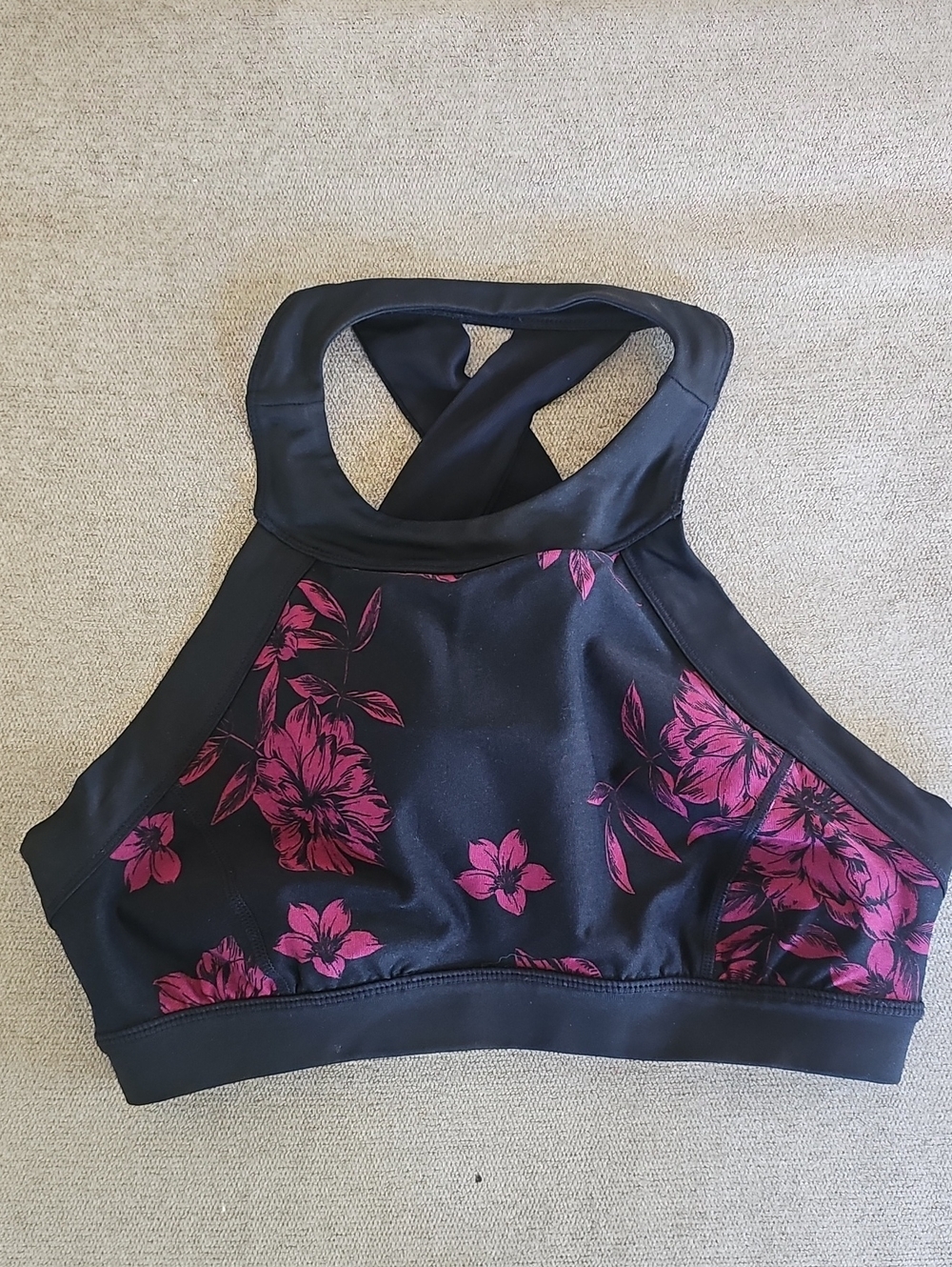 dk active Black High-Neck Sports Bra with Magenta Floral Print